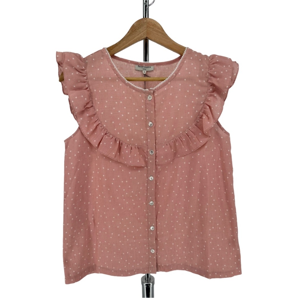 Petite Lucette Light Pink Star Print Ruffle Bib Collar Button Front Blouse Small
